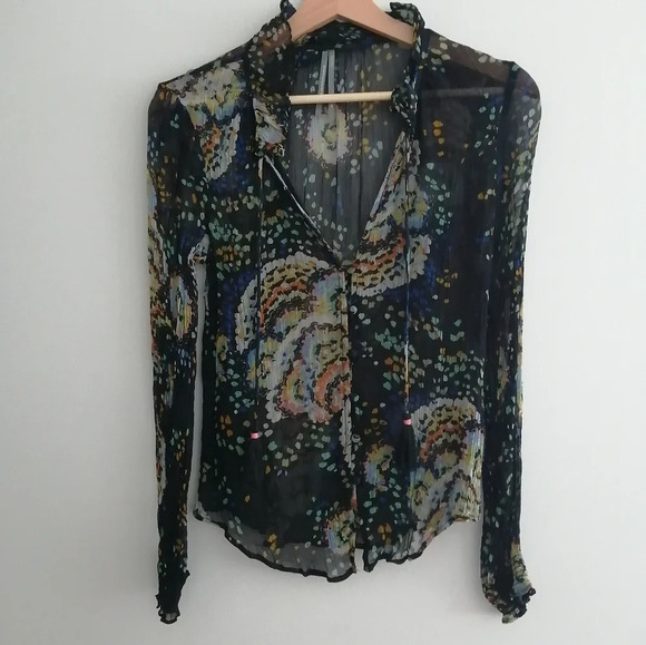 By Anthropologie Peasant Blouse Button Up Semi Sheer Pleated Top Neck Tassels XS - Picture 3 of 16